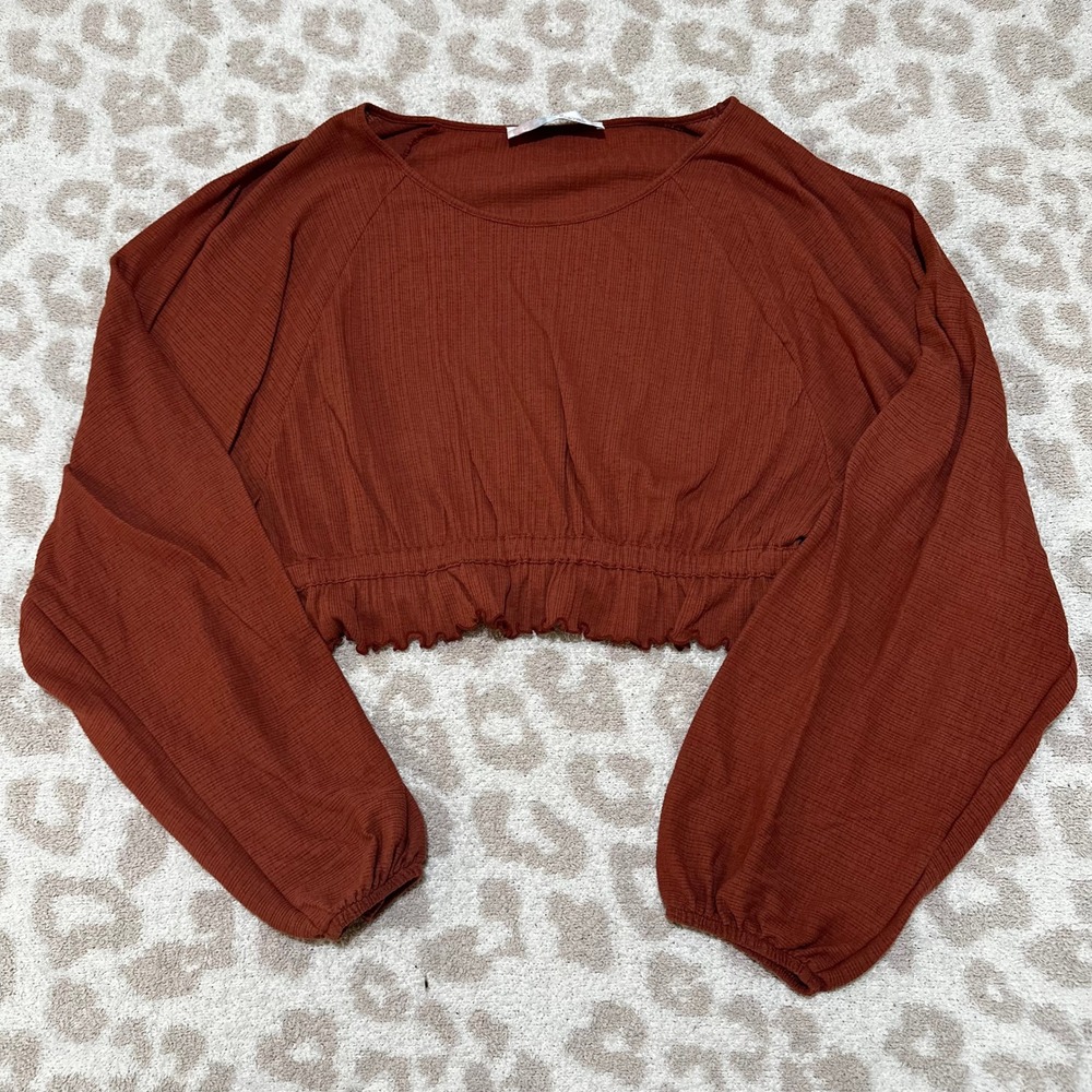 Free People FP Beach Long Sleeve Top Rust Orange Ribbed Cropped Smocked Medium